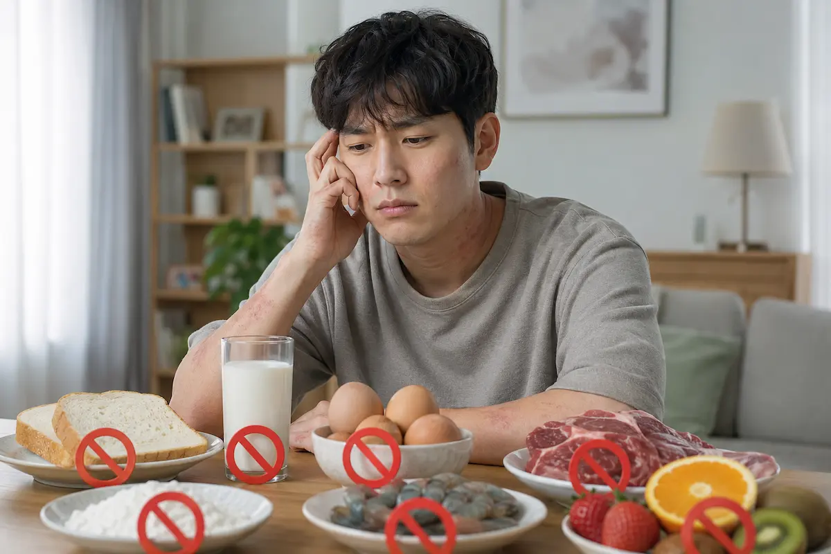 아토피 때문에 여러 음식을 제한하며 식사를 고민하는 모습
