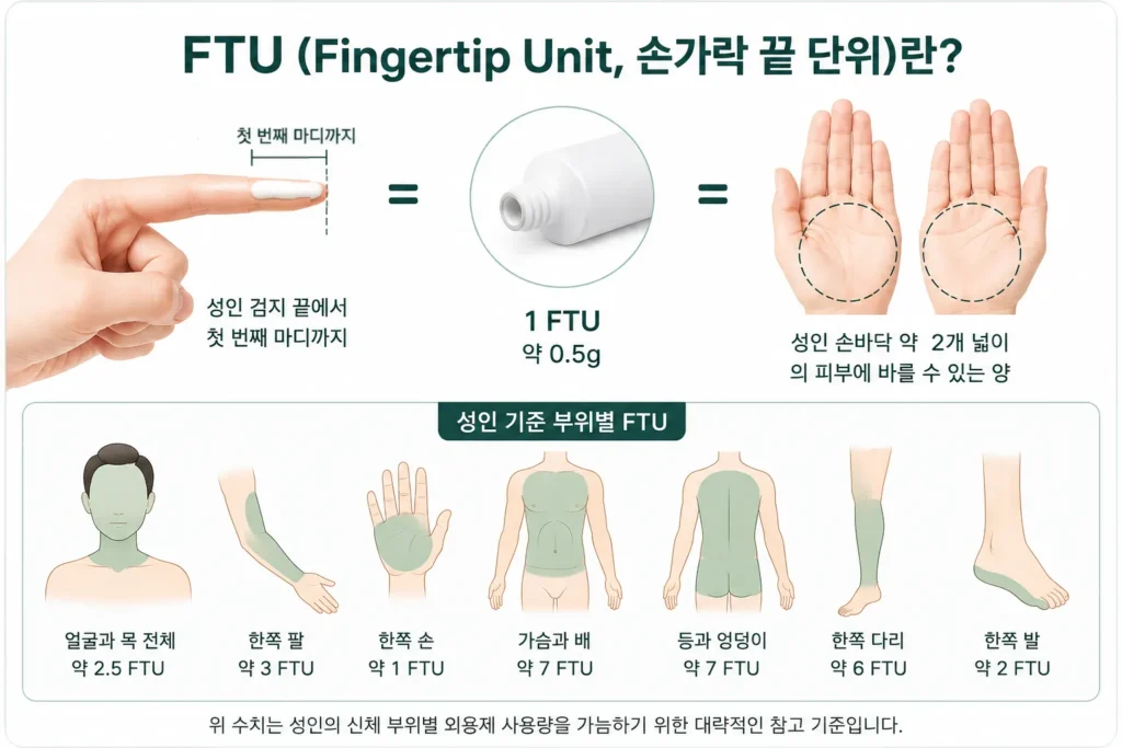 아토피 외용제 사용량을 위한 FTU 손가락 끝 단위와 성인 신체 부위별 기준